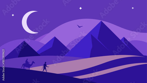 Desert oasis with mosque and travelers at sunset