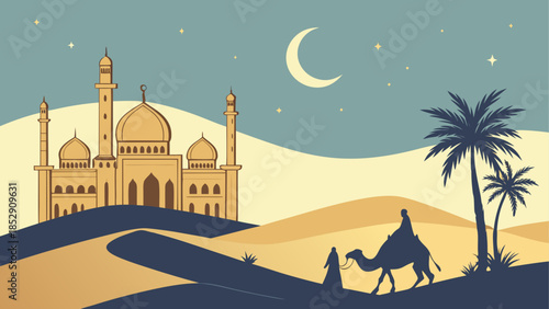 Desert oasis with mosque and travelers at sunset