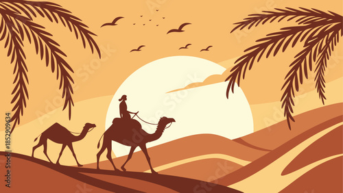 Desert oasis with mosque and travelers at sunset