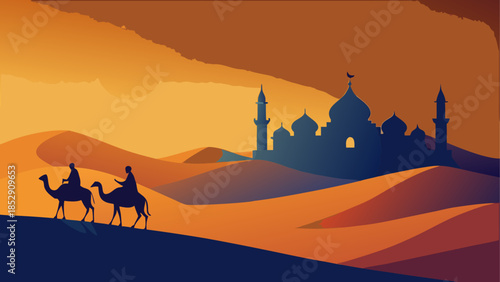 Desert oasis with mosque and travelers at sunset