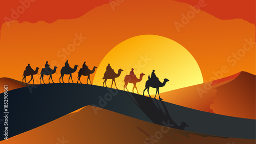 Desert oasis with mosque and travelers at sunset