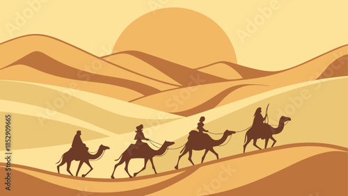 Desert oasis with mosque and travelers at sunset