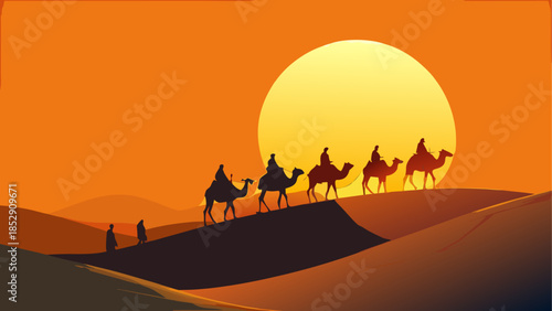 Desert oasis with mosque and travelers at sunset