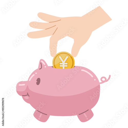 エンマークが書かれたコインを、豚の貯金箱に投入するイラスト