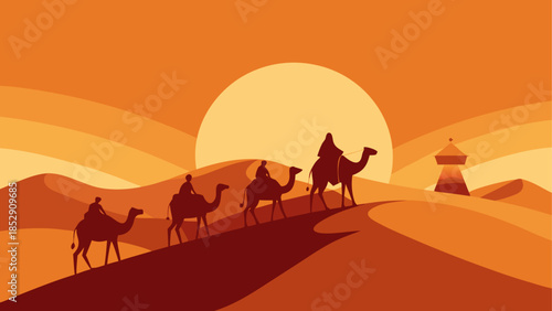 Desert oasis with mosque and travelers at sunset