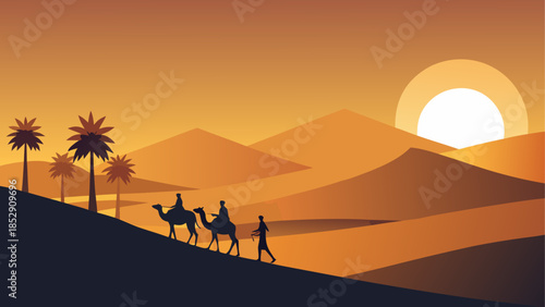 Desert oasis with mosque and travelers at sunset