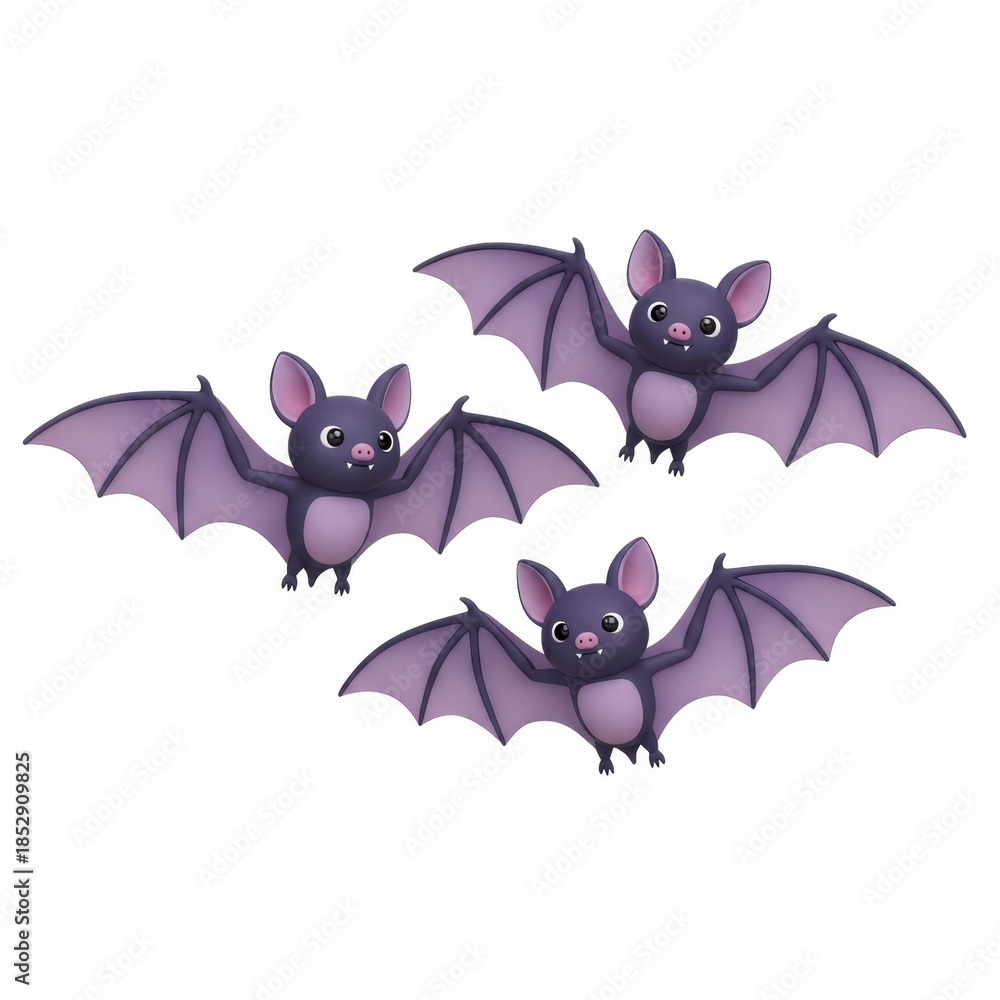 Fototapeta premium Three cartoon bats flying in a triangular formation against a white background