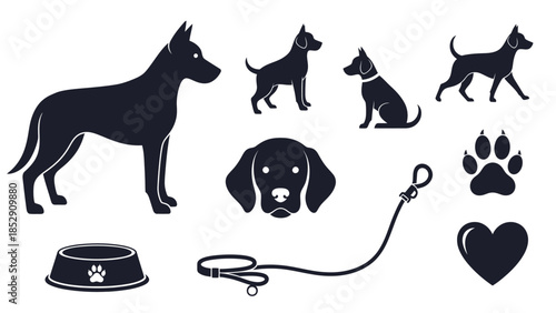 Dog icons Silhouette, paw print, leash, and food bowl