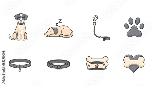 Cute Dog Icons Pets, Leashes, Collars, Bowls, and Paw Prints