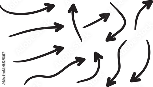 A collection of black arrows pointing in various directions on a white background
