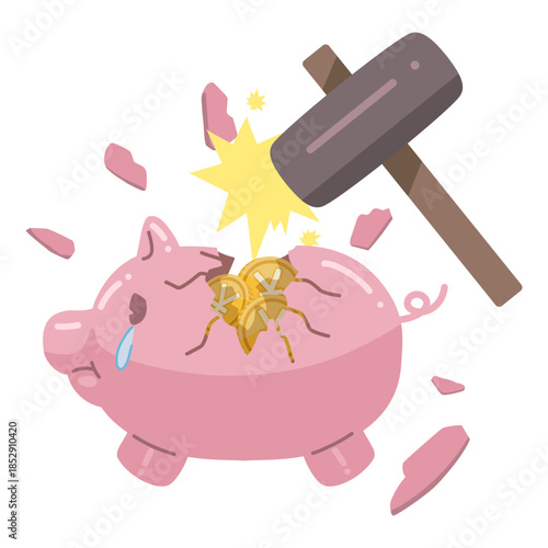  エンマークが書かれたコインが入っている豚の貯金箱が、ハンマーで壊されているイラスト
