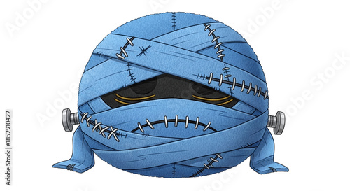 Blue mummy doll with stitched face isolated on transparent background