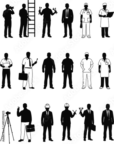 Professional worker silhouette collection featuring diverse occupations, business, medical, technical, and industrial job roles illustrated as black figures on white background