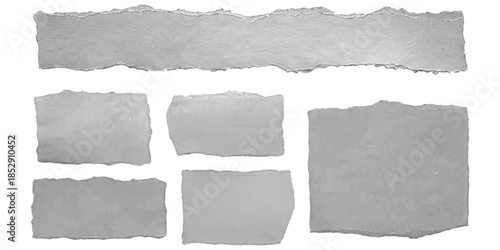 Collection of grey ripped paper pieces with uneven edges on a pristine white background