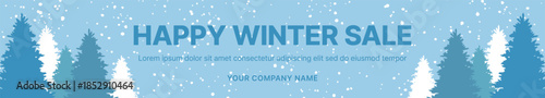 Horizontal "Happy Winter Sale" banner with a serene snowy forest landscape. Features blue and white fir tree silhouettes and falling snow. Ideal for seasonal promotions and retail advertising.