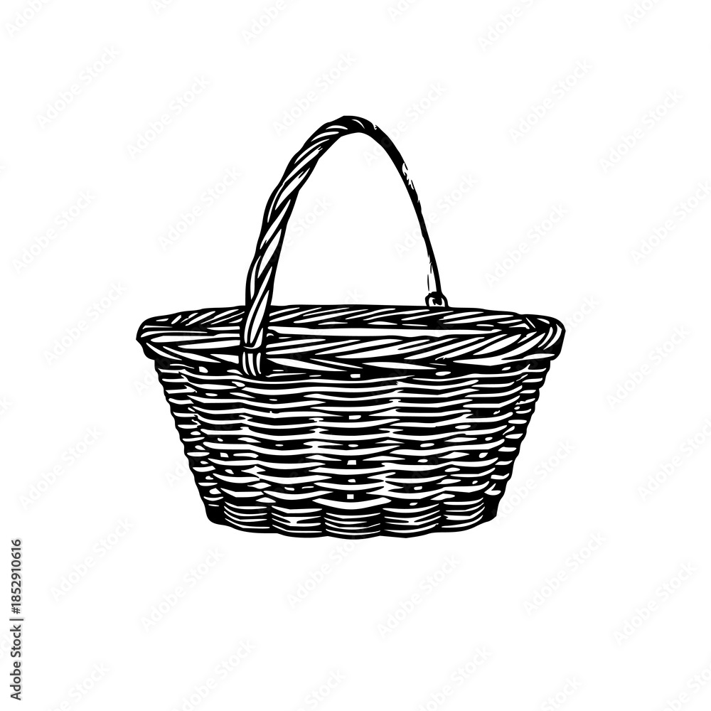 Obraz premium ​​Woven wicker picnic basket, black line art, whit