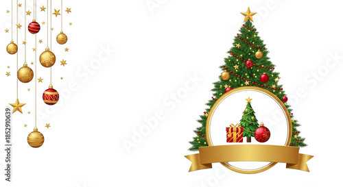 Holiday decorations and christmas tree isolated on transparent background