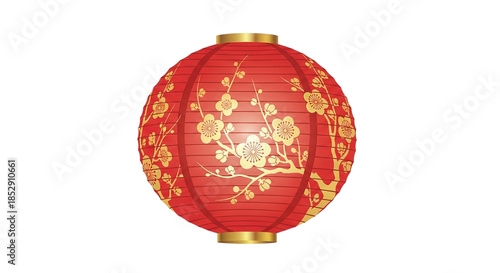 Red chinese lantern with golden cherry blossoms isolated on transparent background