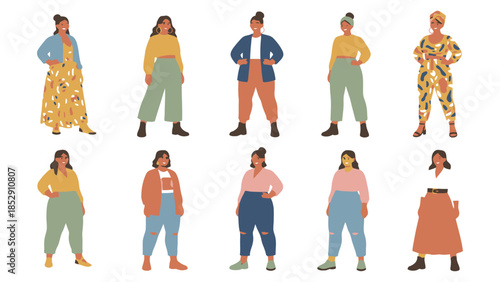 A diverse group of women stand confidently in casual attire.