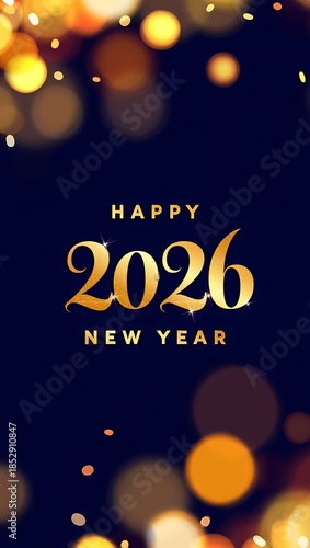 Image of silver 2026 with 'Happy New Year' on a dark blue starry background with light