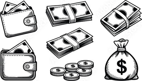 Money and Cash Line Illustration Set with Wallet Banknotes Coins and Dollar Bag Black and White Vector