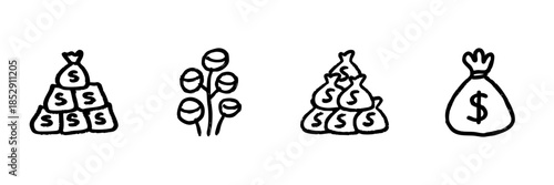 Money Bags And Growth Line Icon Set In Doodle Style. Financial Growth, Investment, And Wealth Accumulation Outline Sketch Collection. Hand Drawn Isolated Vector Illustration