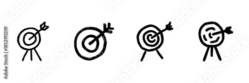 Target With Arrow Line Icon Set In Doodle Style. Precision, Goal Achievement, And Success Representation Outline Sketch Collection. Strategic Planning And Focus. Hand Drawn Vector Illustration