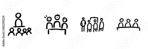 Business Meeting And Team Collaboration Line Icon Set In Doodle Style. Leadership, Brainstorming, And Presentation Outline Sketch Collection. Hand Drawn Isolated Vector Illustration