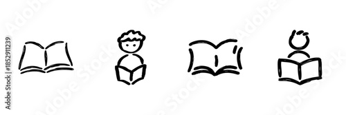 Open Book And Person Reading Line Icon Set In Doodle Style. Education, Learning, And Literacy Promotion Outline Sketch Collection. Knowledge And Study Concept. Hand Drawn Vector Illustration