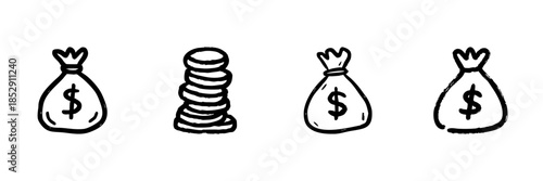 Money Bags And Coins Line Icon Set In Doodle Style. Financial Savings, Wealth Accumulation, And Investment Outline Sketch Collection. Hand Drawn Isolated Vector Illustration
