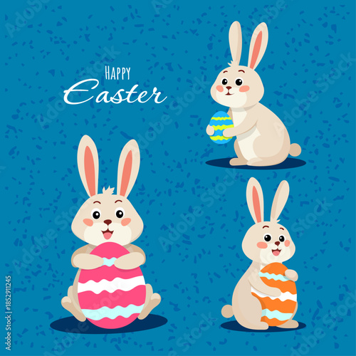 Happy Easter character Easter bunny with painted egg in different poses on color background