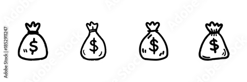 Money Bag Line Icon Set In Doodle Style. Financial Savings, Wealth Accumulation, And Investment Outline Sketch Collection. Economic Growth Symbols. Hand Drawn Isolated Vector Illustration