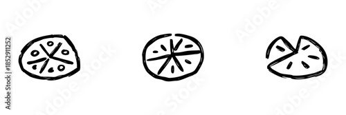 Pizza Slices Line Icon Set In Doodle Style. Fast Food, Italian Cuisine, And Snack Representation Outline Sketch Collection. Hand Drawn Isolated Vector Illustration