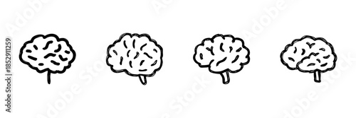 Brain Line Icon Set In Doodle Style. Cognitive Function, Intelligence, And Mental Health Outline Sketch Collection. Neuroscience And Psychology Concepts. Hand Drawn Isolated Vector Illustration