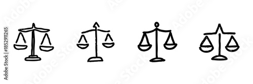 Scales Of Justice Line Icon Set In Doodle Style. Legal Balance, Fairness, And Equality Representation Outline Sketch Collection. Hand Drawn Isolated Vector Illustration