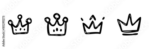 Crown Line Icon Set In Doodle Style. Royalty, Leadership, And Authority Symbols Outline Sketch Collection. Hand Drawn Isolated Vector Illustration