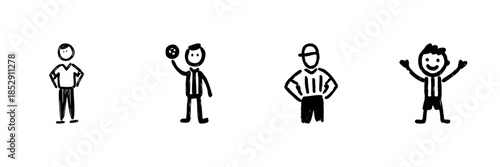 Stick Figure Sports Characters Line Icon Set In Doodle Style. Athletic Roles And Team Dynamics Outline Sketch Collection. Hand Drawn Isolated Vector Illustration