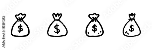 Money Bag Line Icon Set In Doodle Style. Financial Savings, Wealth Accumulation, And Investment Outline Sketch Collection. Hand Drawn Isolated Vector Illustration