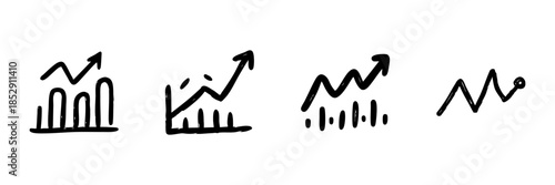 Line Graph And Chart Icons In Doodle Style. Business Growth, Financial Analysis, And Data Visualization Outline Sketch Collection. Hand Drawn Isolated Vector Illustration