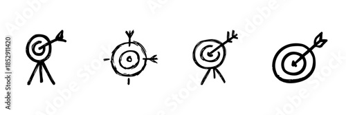 Target With Arrows Line Icon Set In Doodle Style. Precision, Accuracy, And Goal Achievement Outline Sketch Collection. Strategic Planning And Success Symbol. Hand Drawn Isolated Vector Illustration