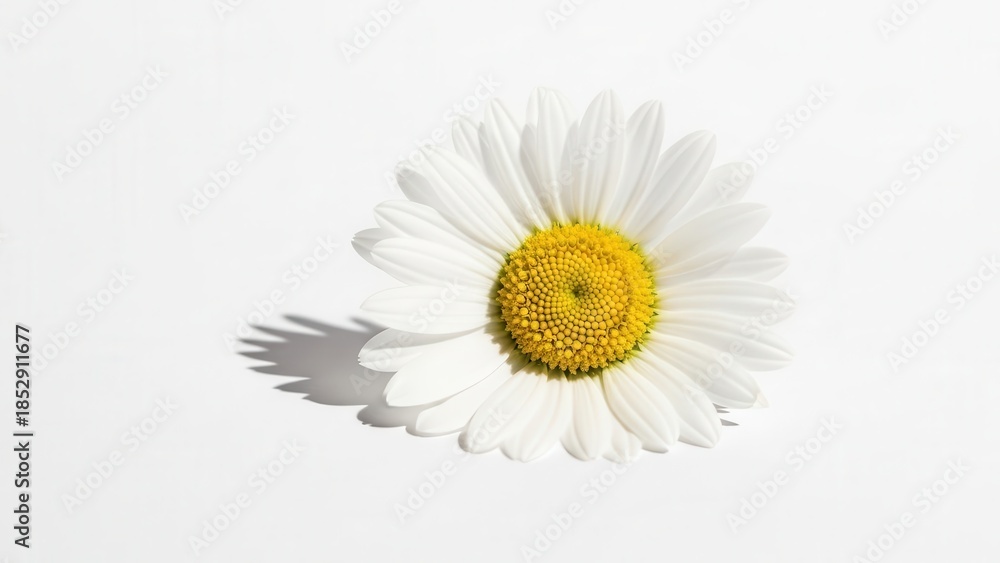 Obraz premium Fresh white daisy flower head with yellow center, blooming chamomile blossom in bright sunlight, spring floral element for beauty and wellness isolated on Transparent Background