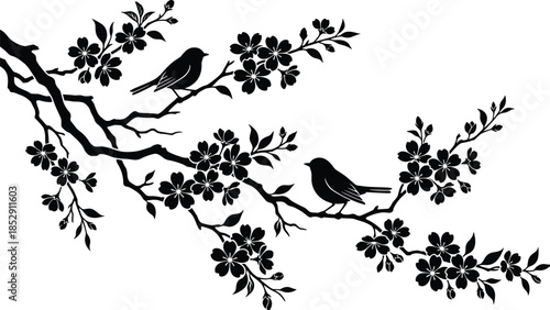 Bird silhouettes perched on blossoming branches isolated on white background elegant spring floral nature vector illustration decorative art design clipart