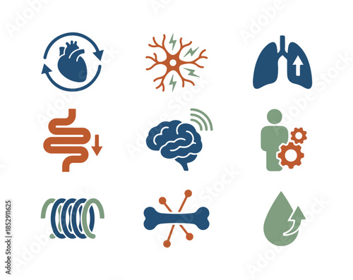 Medical icons illustrating body systems and processes