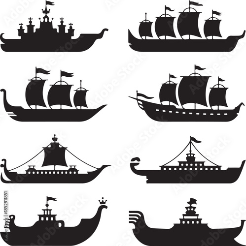 Collection of historical viking and ancient ship silhouettes isolated