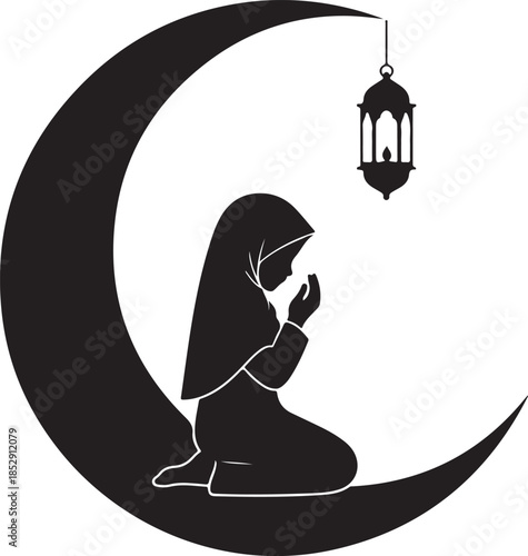 Silhouette of a woman in hijab praying on a crescent moon with a lantern