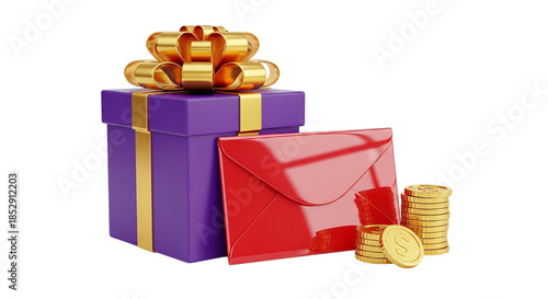 Gift box with envelope and coins isolated on transparent background