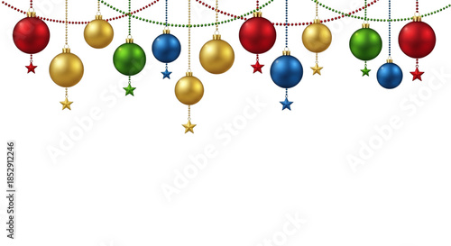 Colorful christmas ornaments hanging isolated on transparent background