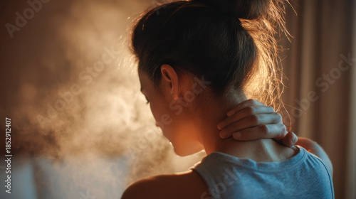 Woman massaging aching neck feeling stress and pain