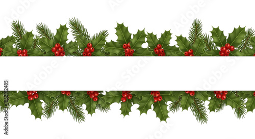 Holiday garland with holly and berries isolated on transparent background