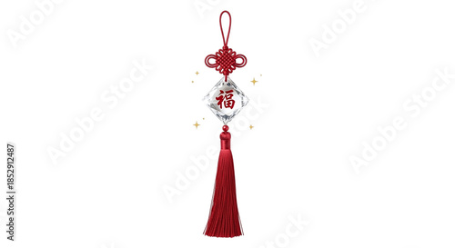 Red tassel ornament with chinese symbol isolated on transparent background
